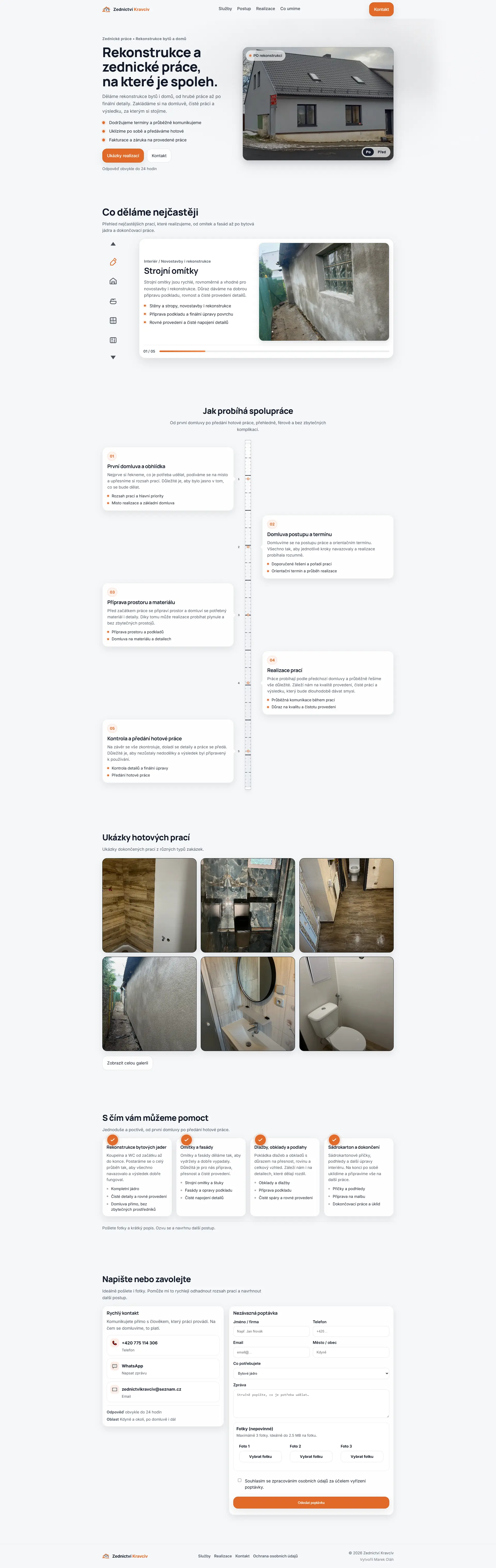 Full page screenshot webu Zednictví Kravciv