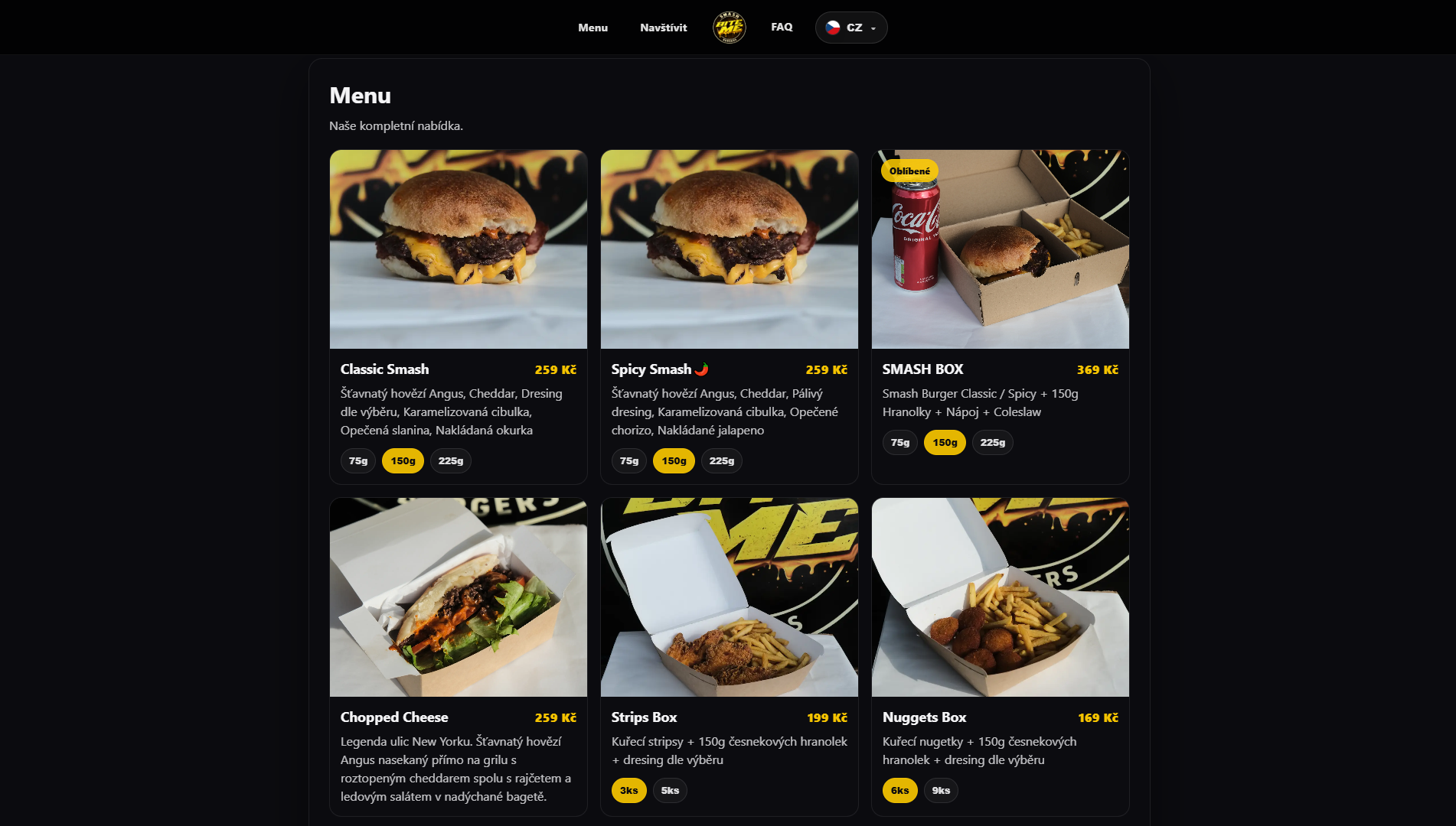 Ukázka menu webu BITE ME Burgers