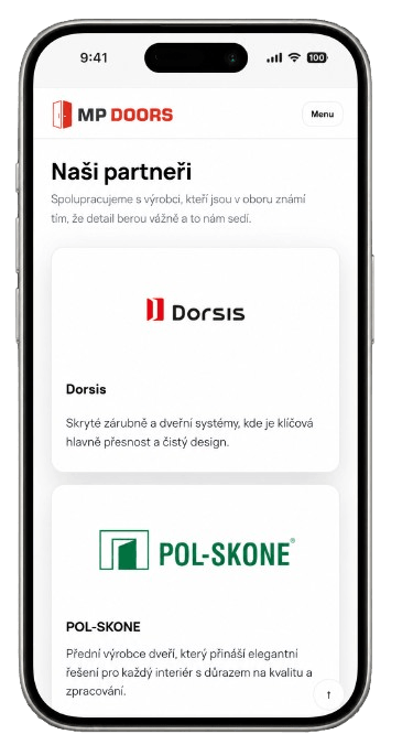 MP DOORS, náhled webu na mobilu