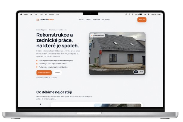 Zednictví Kravciv, náhled webu na notebooku