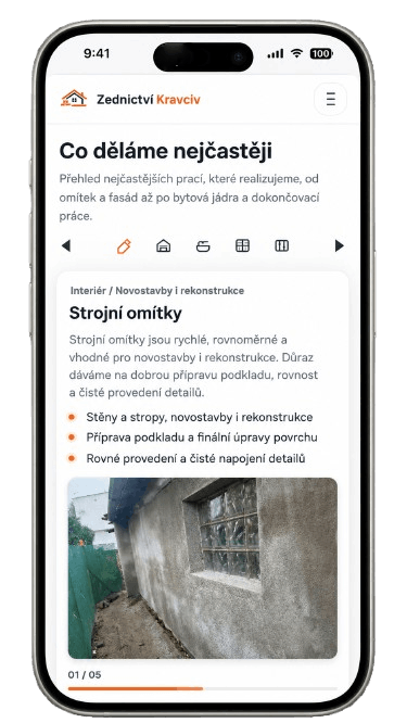 Zednictví Kravciv, náhled webu na mobilu